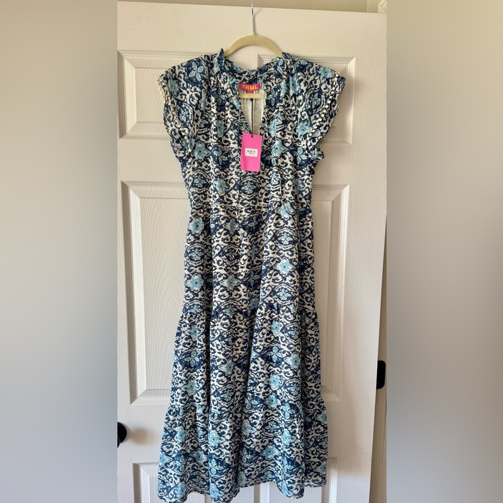 NWT Blue Floral Tiered THML Summer Dress with Ruffle Sleeves